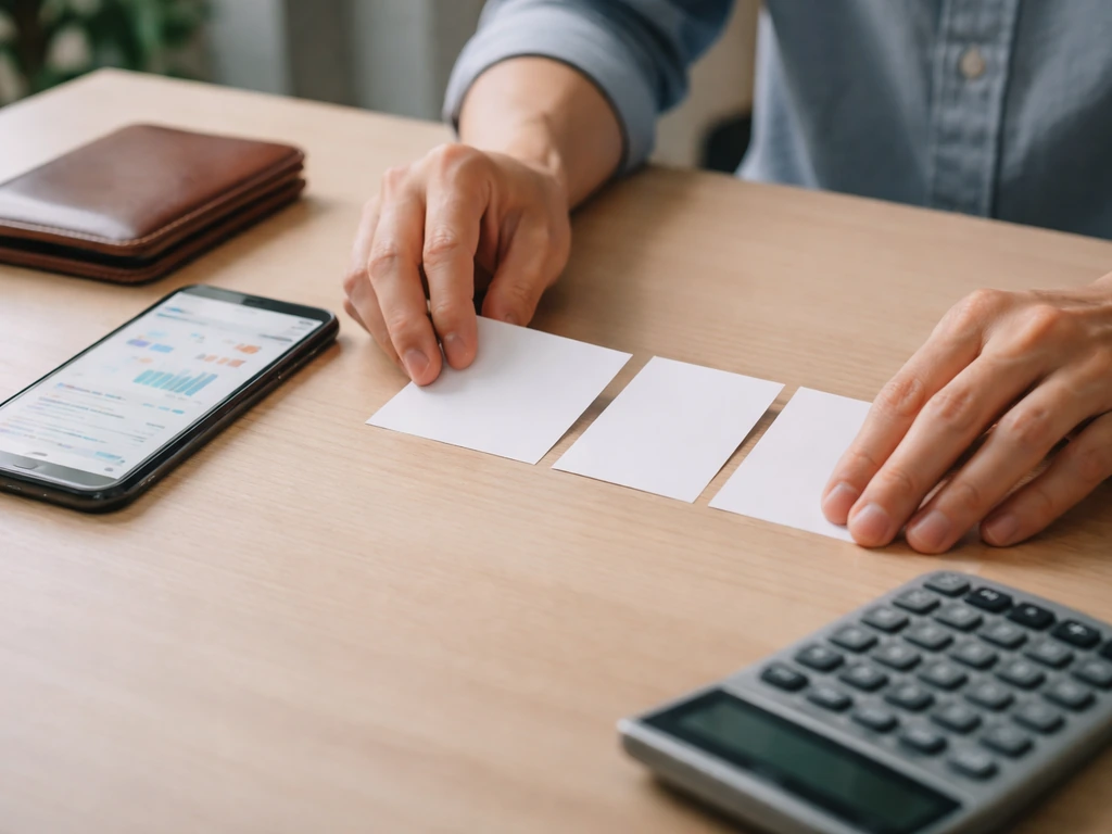 Anonymous hands carefully organizing blank checklist cards with wallet, calculator, and phone on a desk.