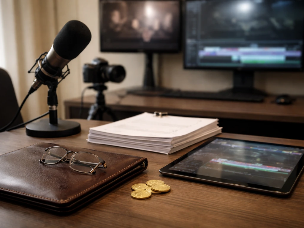 Minimal film editing and coaching desk with microphone, camera, and subtle money symbolism.