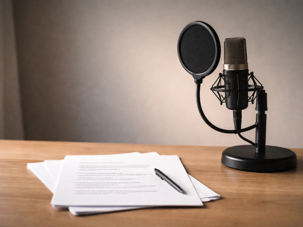 Minimal photo of a film studio workspace with a microphone and soft lighting, suggesting media career context.