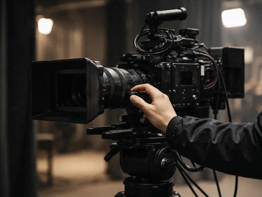 Cinematic film set scene with a director’s hand adjusting a camera rig and focus ring