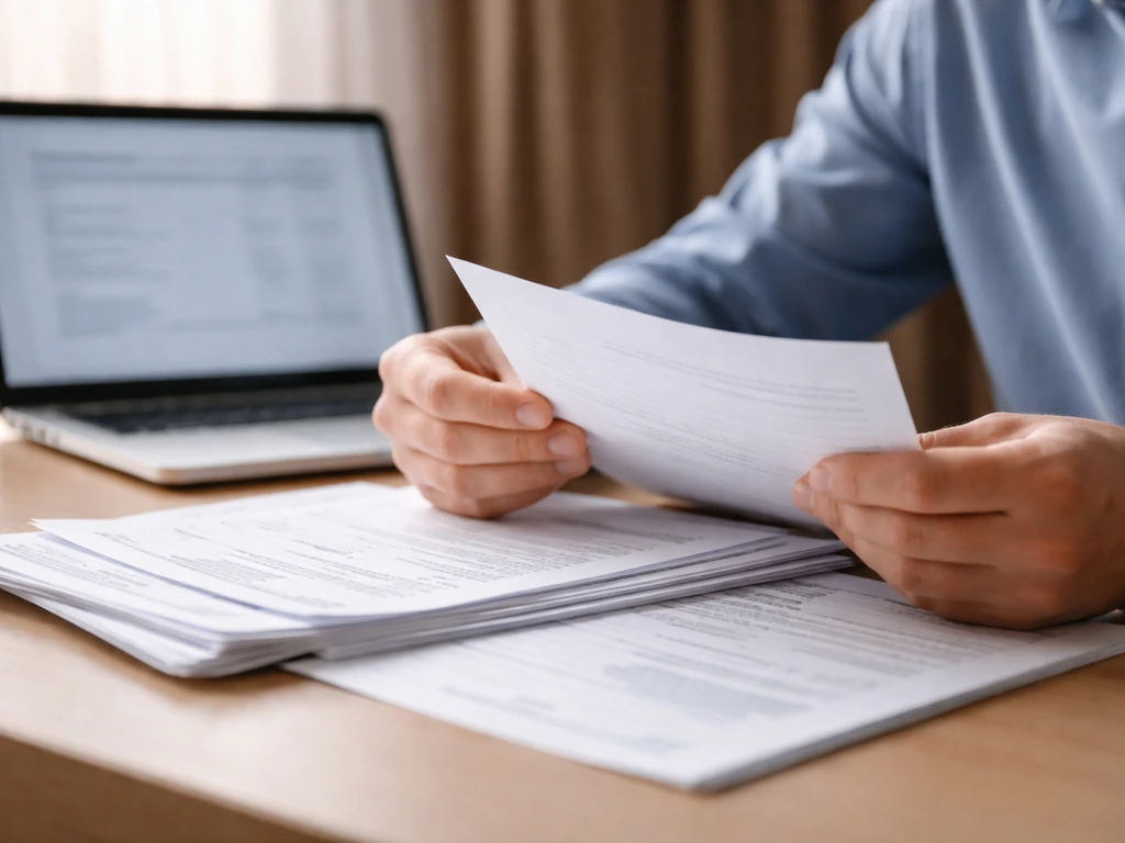 Close-up of hands reviewing official financial documents on a desk beside a fundraising arts backdrop