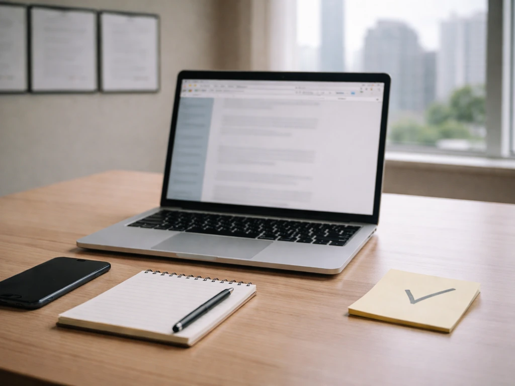 Minimal desk scene with laptop and phone showing blurred sources for due diligence, no text visible.