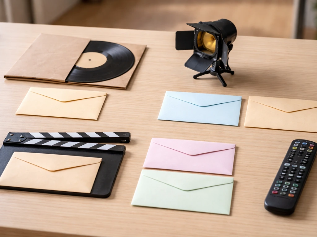Minimal desk scene with four unlabeled envelopes and media props symbolizing different income streams.