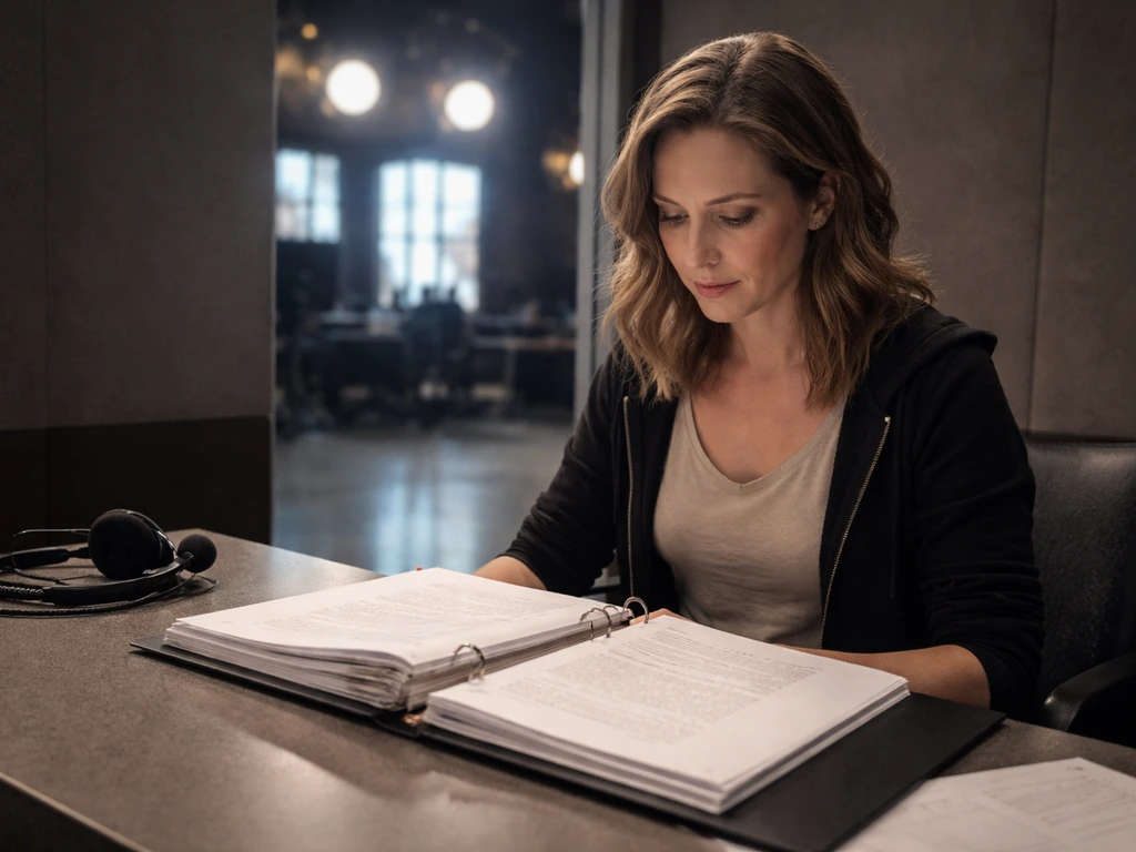 Anonymous actress-writer on a TV set desk with scripts and headset, softly lit studio background.