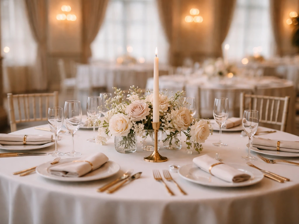 Elegant luxury event table with soft florals and place settings in a warm upscale venue, no people.