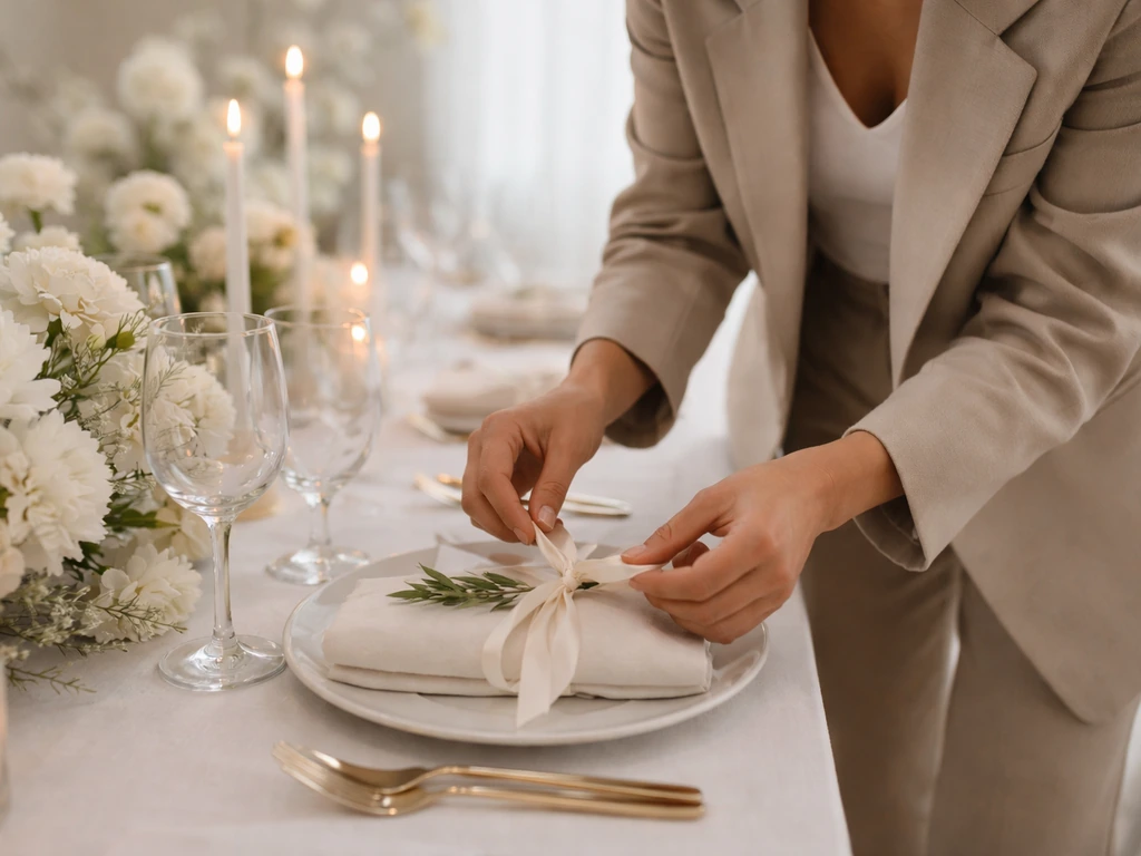 Anonymous wedding event planner adjusting a satin ribbon on a luxury reception table with soft candlelight.