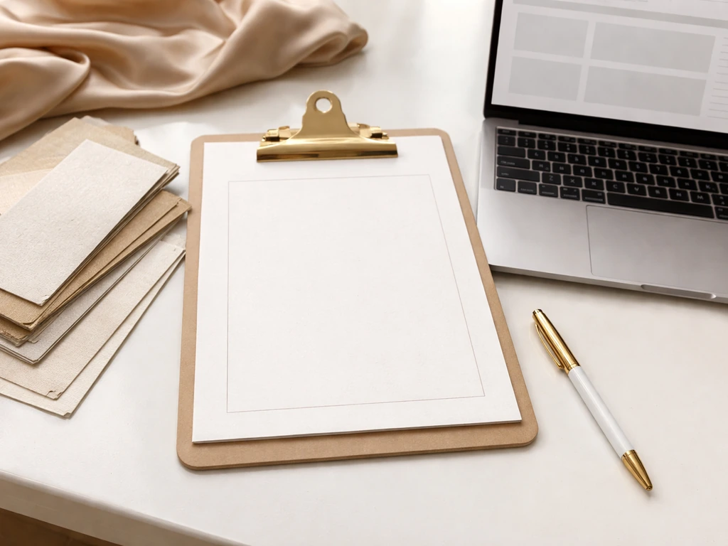 Luxury events desk scene with clipboard itinerary, swatch books, and laptop budgeting mockup.