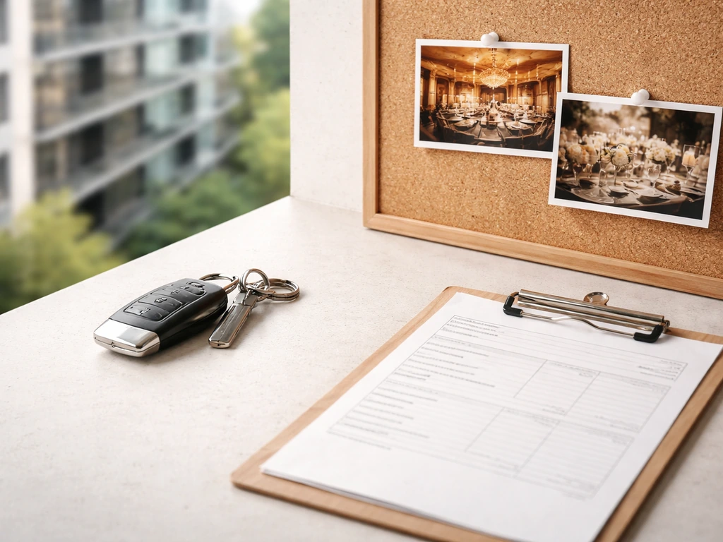 Minimal collage showing luxury car keys, upscale condo window view, pinned event photos, and a blank bill document.