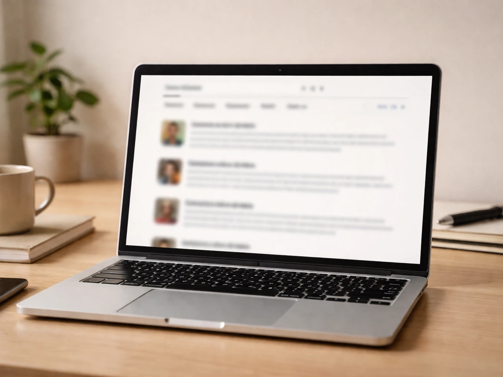 Minimal photo of a laptop showing blurred search results and multiple profile thumbnails for identity verification