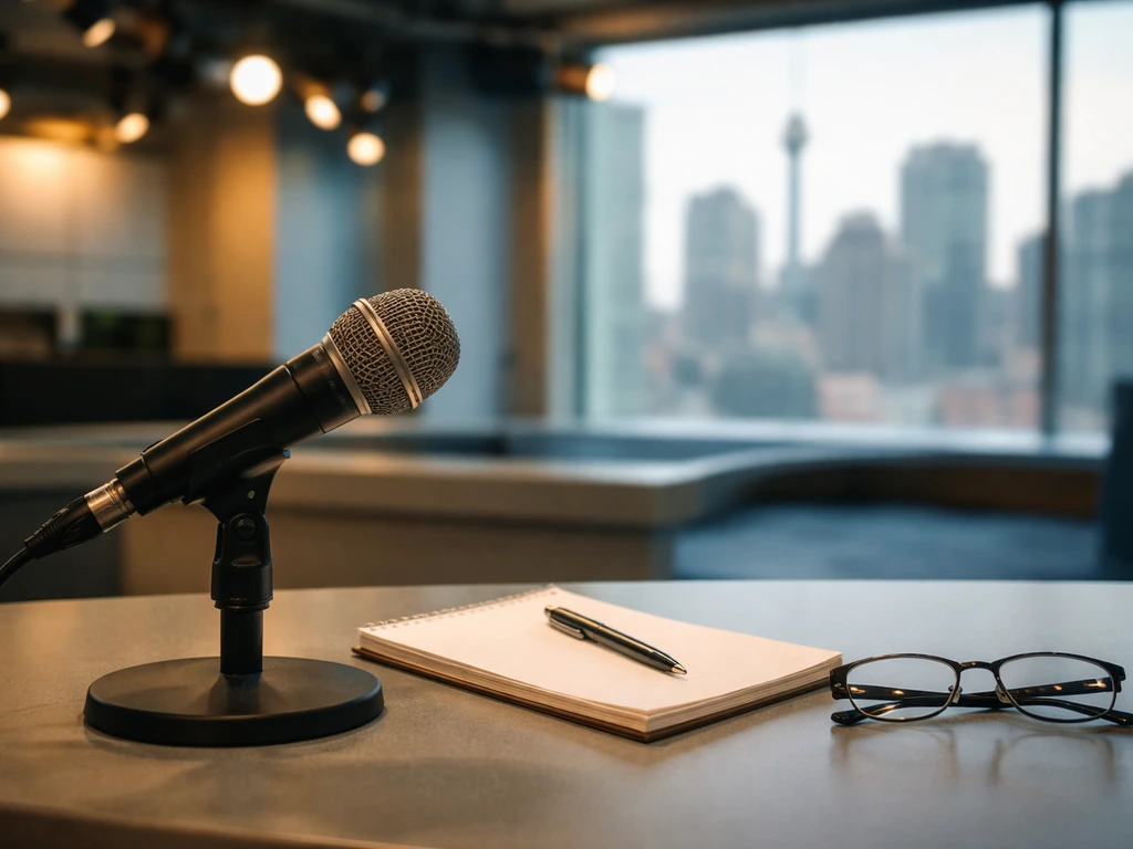 Minimal broadcast newsroom desk with microphone and Canadian-style city skyline view, symbolizing career timeline
