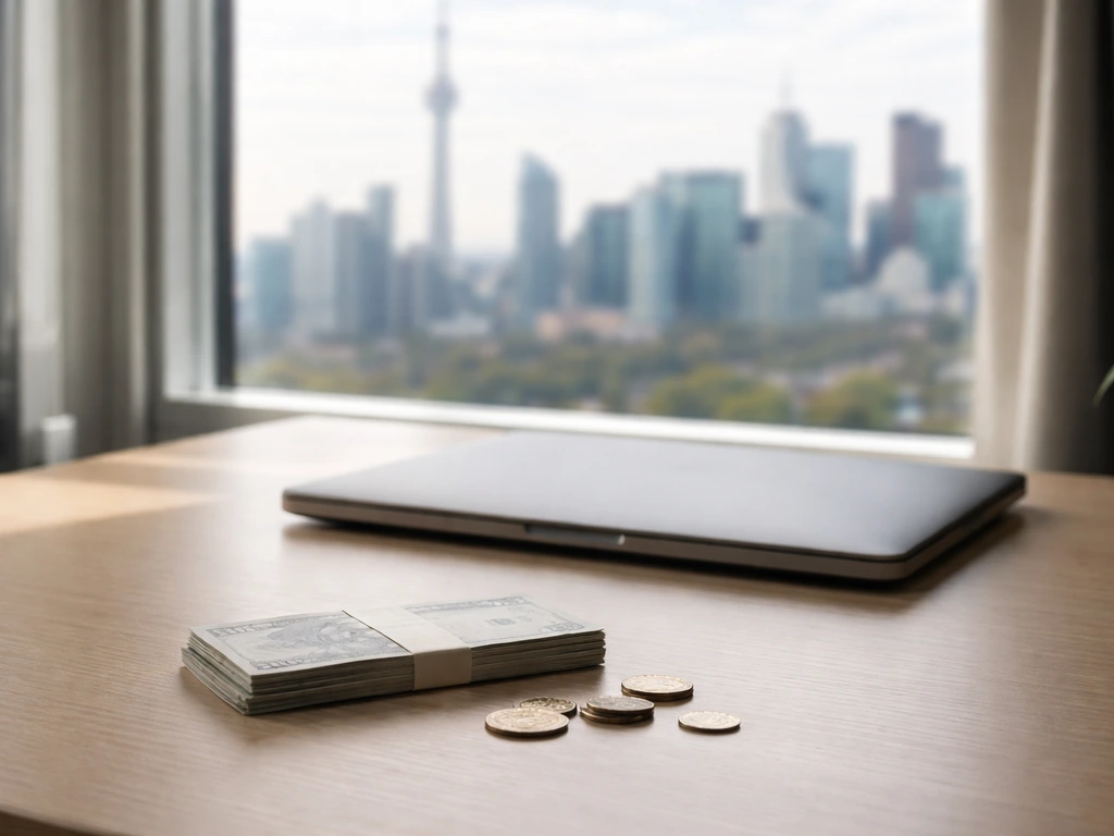 Minimal office scene with a laptop and scattered cash to symbolize a net worth range and uncertainty.