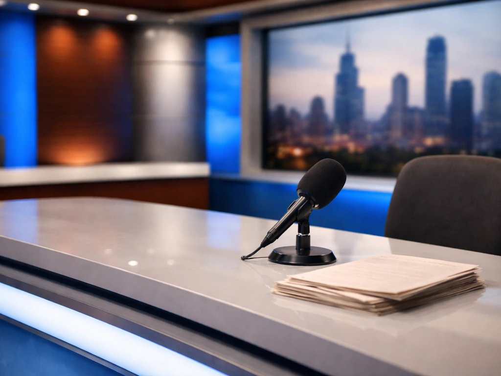Unmanned TV news studio desk with microphone and papers, softly lit, with a blurred city skyline backdrop