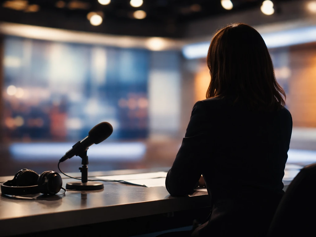 Anonymous news anchor seated at a TV studio desk with a microphone and blurred broadcast background.