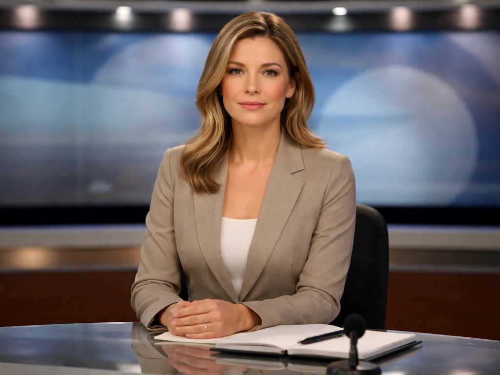 Anonymous TV news anchor at a studio desk with a softly blurred local news backdrop.