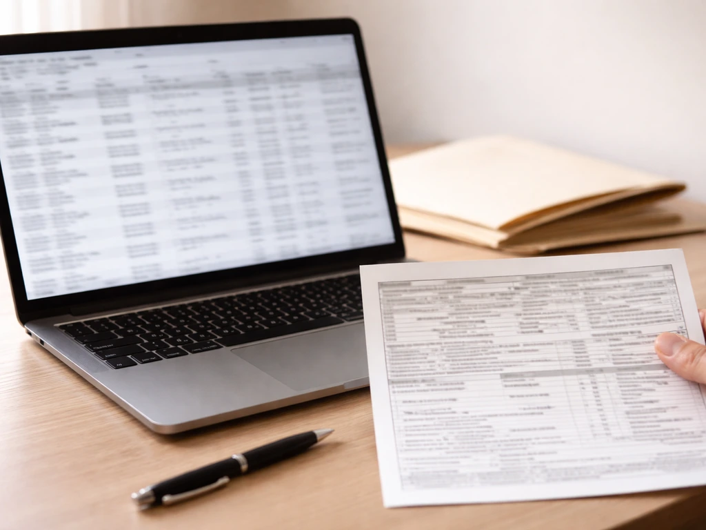 Close-up of a laptop showing generic property records and a printed deed folder for validating real estate details.