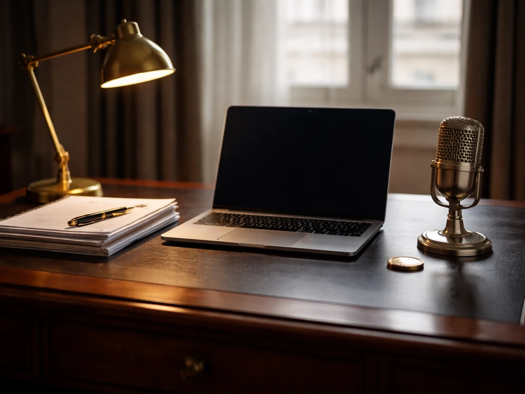 Minimal executive desk scene with gold coin, documents, microphone, and laptop symbolizing verified vs estimated wealth.