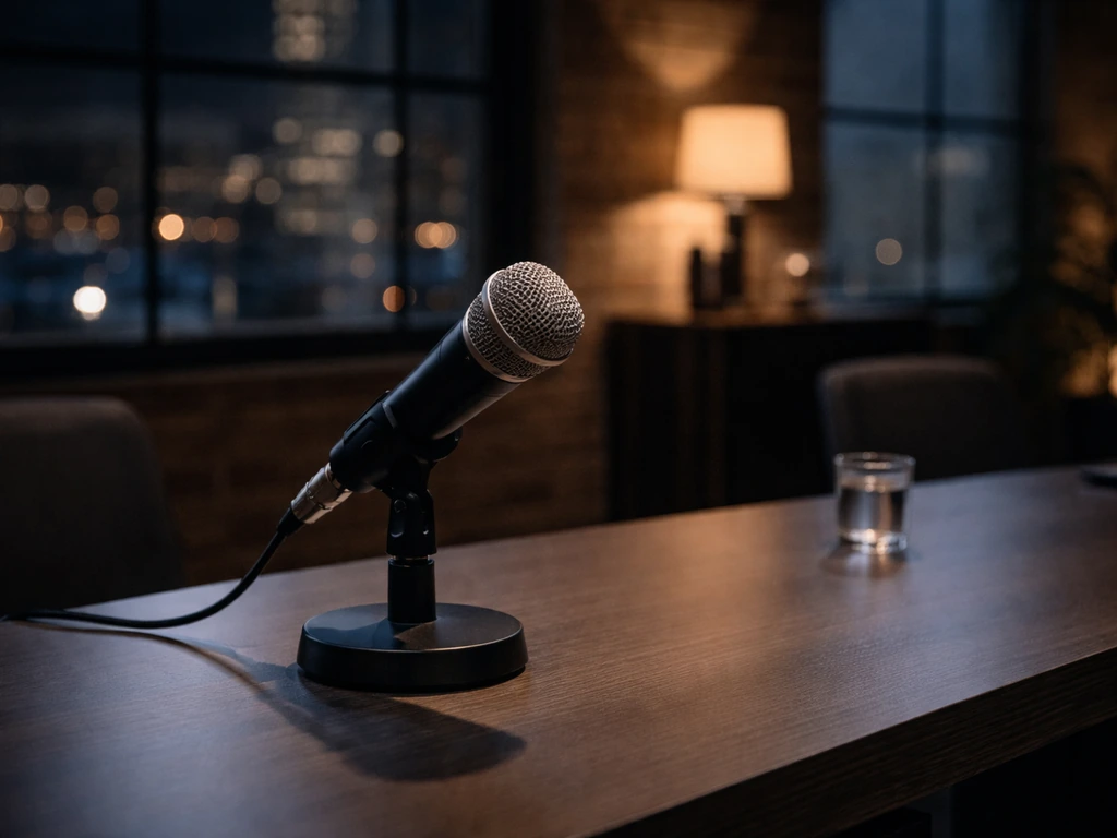 UK business TV studio scene with a studio microphone and a dark city window backdrop