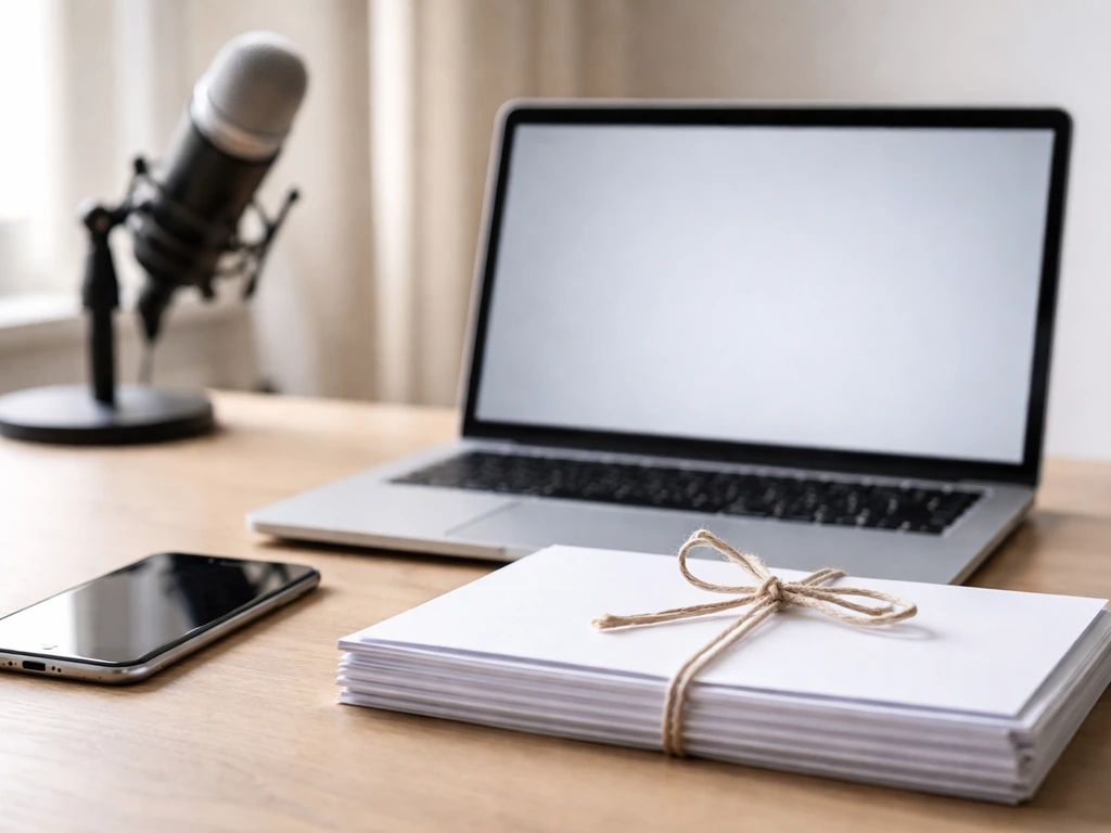 Close-up of an uncluttered desk with tied business documents, laptop, phone reflections, and a studio microphone.