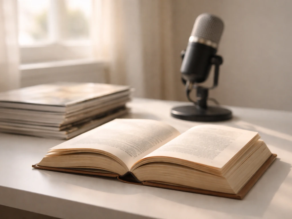 Open hardcover book on a desk beside a magazine and studio microphone, symbolizing publishing momentum.