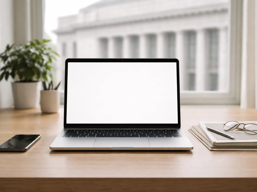 Minimal desk scene with open laptop and papers, suggesting verifying claims with official records.