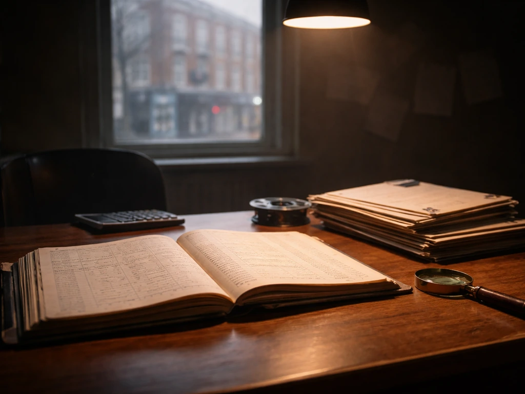 Open ledger and film-themed documents on a desk, suggesting evidence-based wealth analysis