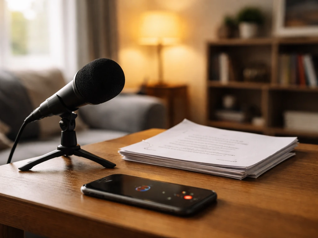 Minimal acting-themed scene with a microphone and script pages on a desk in soft natural light