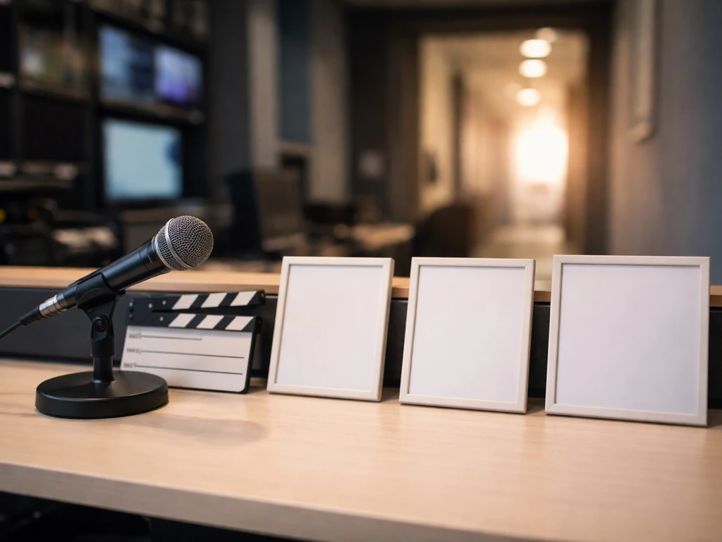Minimal TV studio desk scene with a microphone and blank frames suggesting a chronological career timeline.
