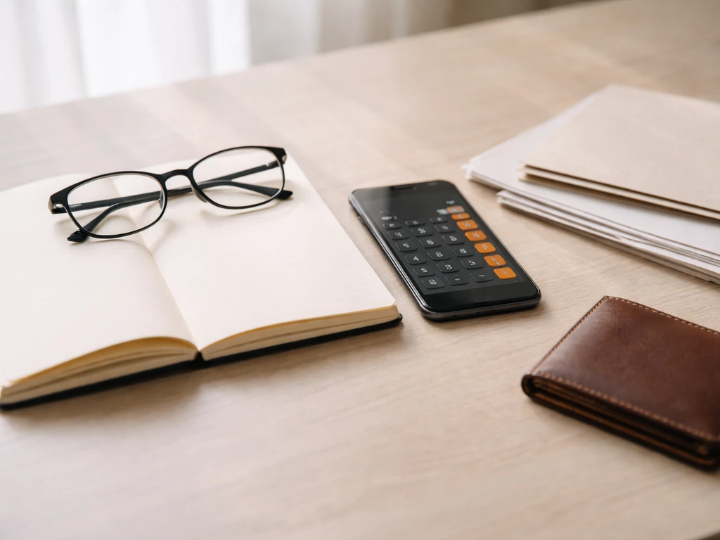 Minimal desk scene with documents and glasses symbolizing checking sources for online net worth claims.