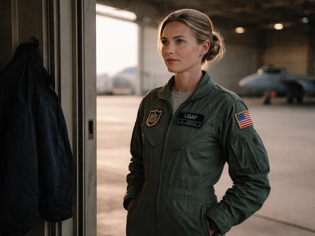Anonymous uniformed USAF officer standing at a base hangar doorway, confirming identity context