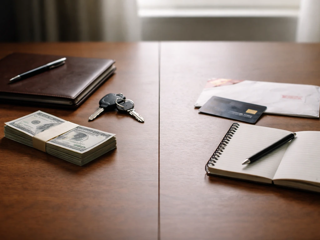 Minimal desk photo with money-and-portfolio on one side and bills and credit card on the other.