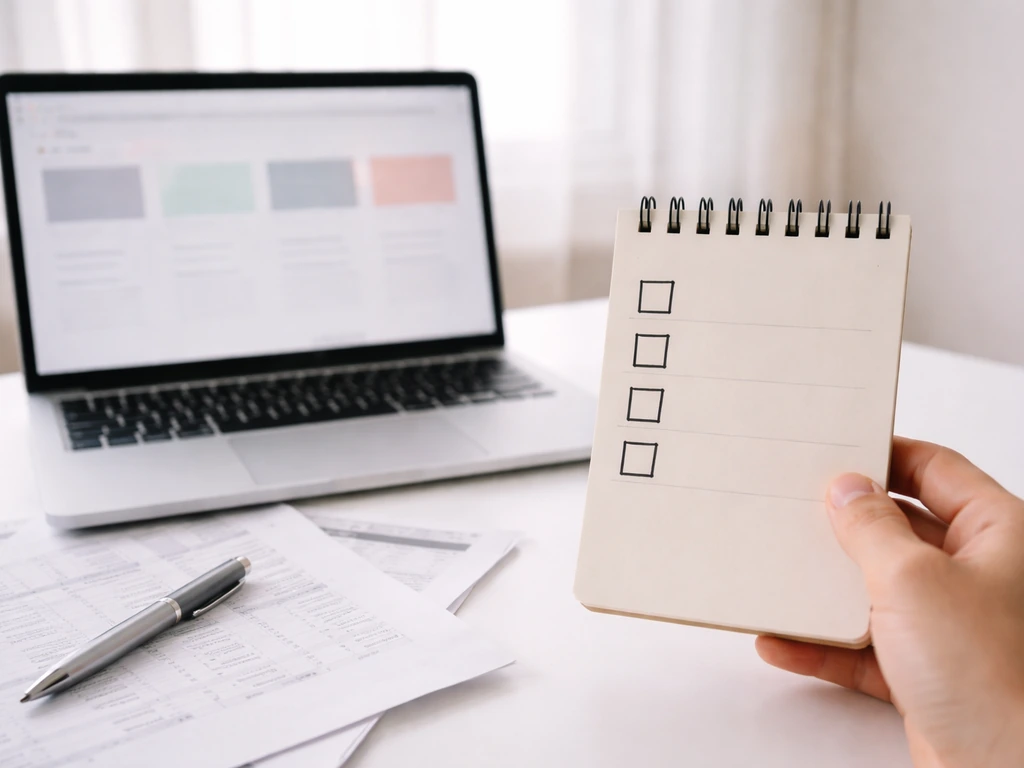 Hand holding a checklist notebook near a laptop showing generic business webpages and financial papers