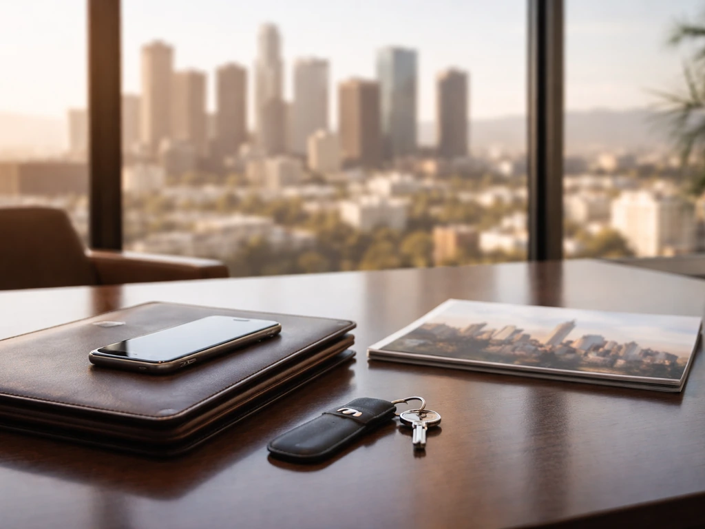 Modern LA real estate office desk with keys and phone, sunlight through window with city skyline bokeh.