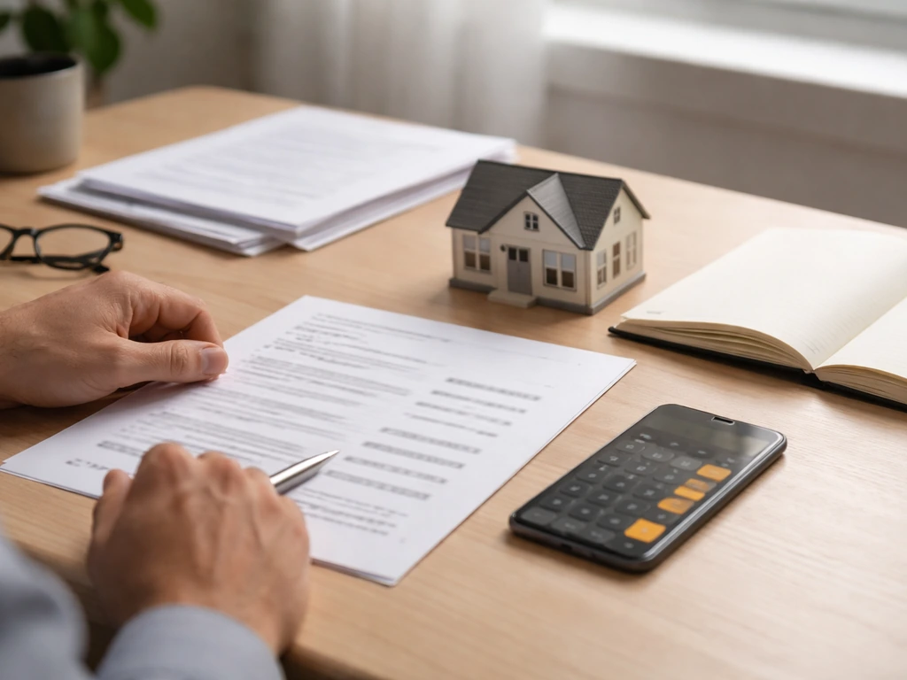 An editor’s desk with a calculator, brokerage-style paperwork, and a small model home beside a notebook
