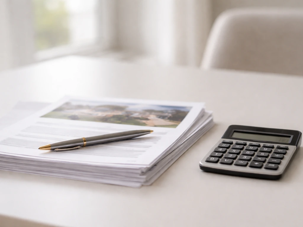 Close-up of real-estate transaction papers and a small calculator on a desk under natural light.