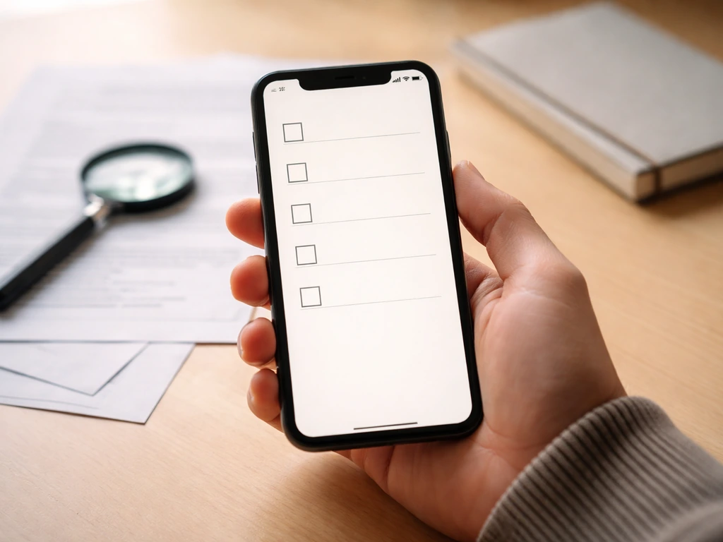 Hand holding a smartphone showing a blank checklist screen while papers and a magnifying glass sit nearby