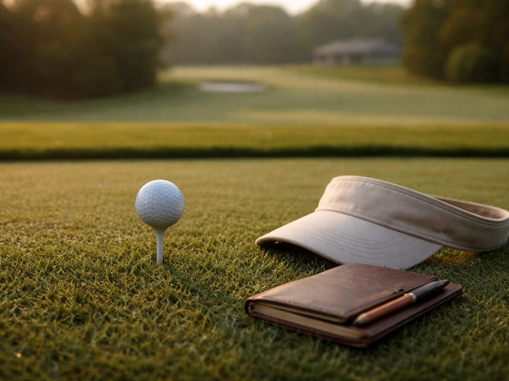 Golf ball on a tee beside a scorebook on a quiet putting green, symbolizing prize earnings context.