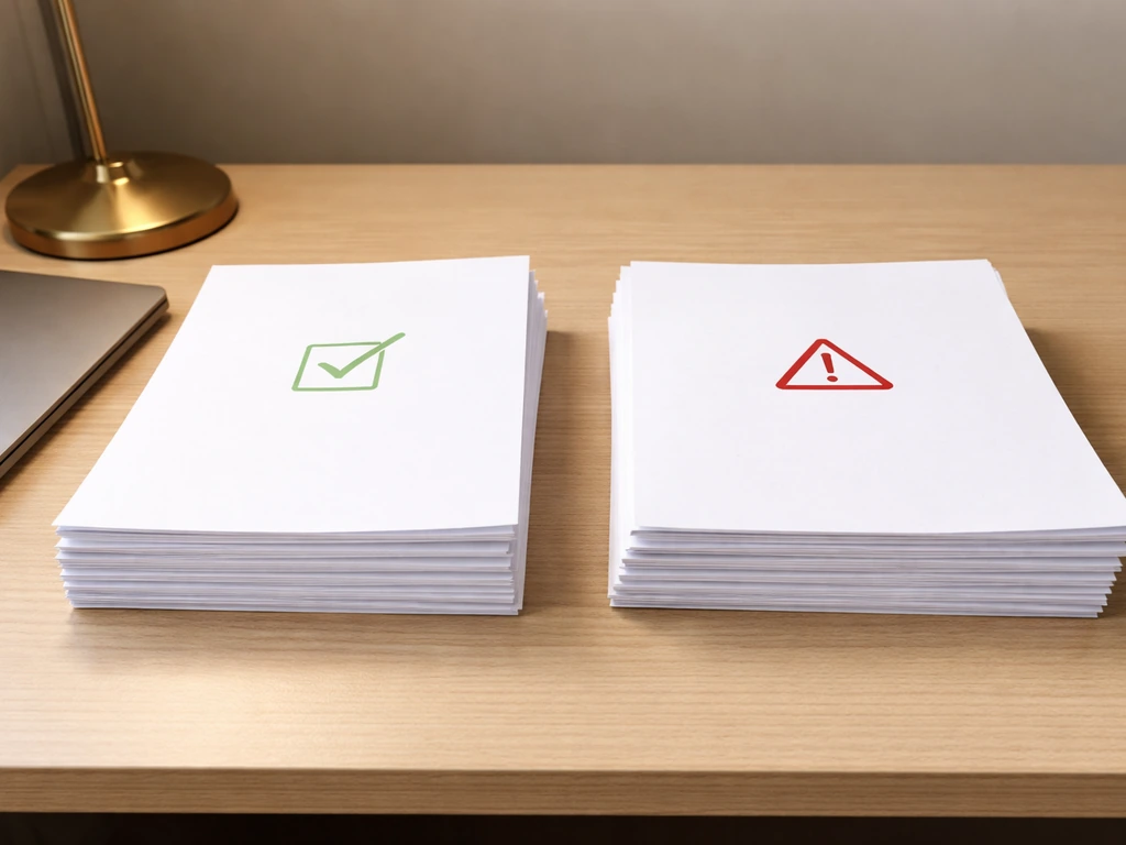 Office desk with two paper stacks—one checked/verified, one flagged as warning—symbolizing trusted vs skipped sources.