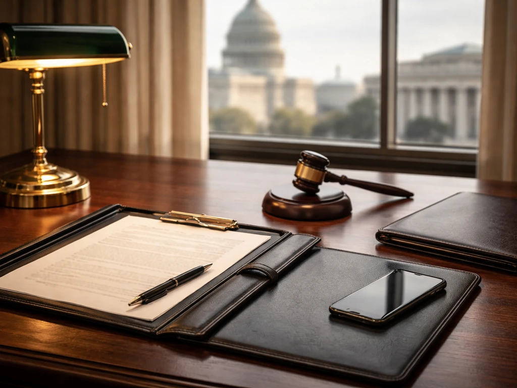 Legal desk with gavel and lamp near a window overlooking government buildings in Washington, D.C.