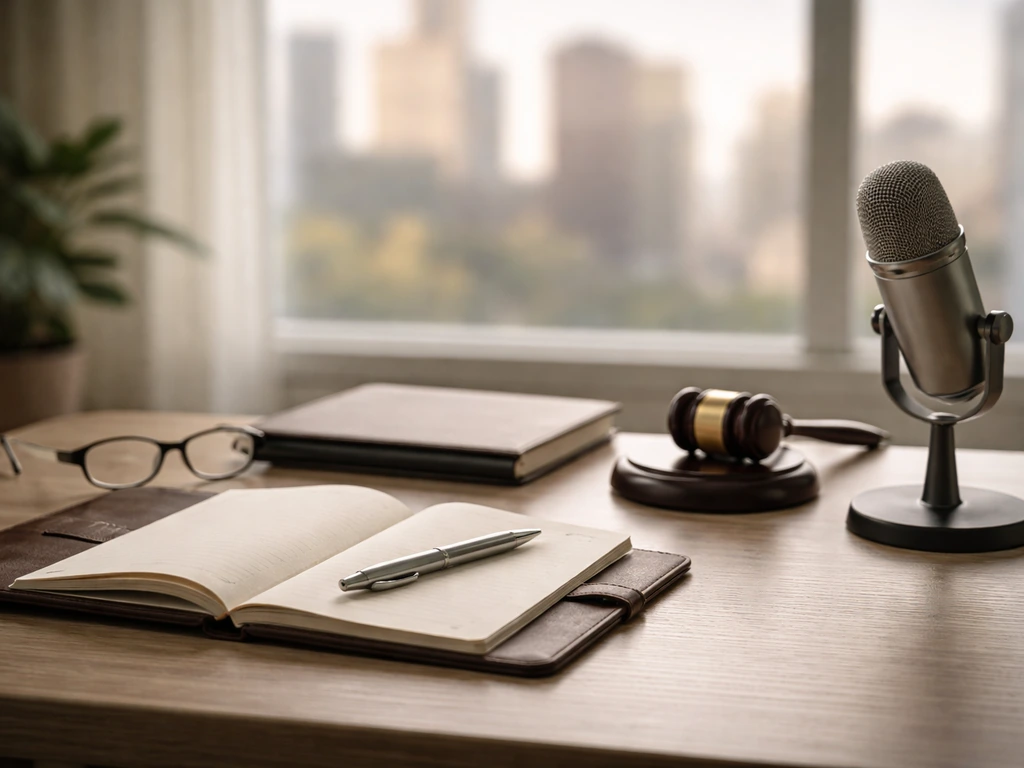 Minimal law-and-finance scene with an attorney-style desk setup and international development symbolism