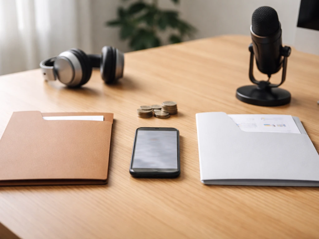 Split view of two business folders labeled only by color—coin icons and search tools in a quiet office