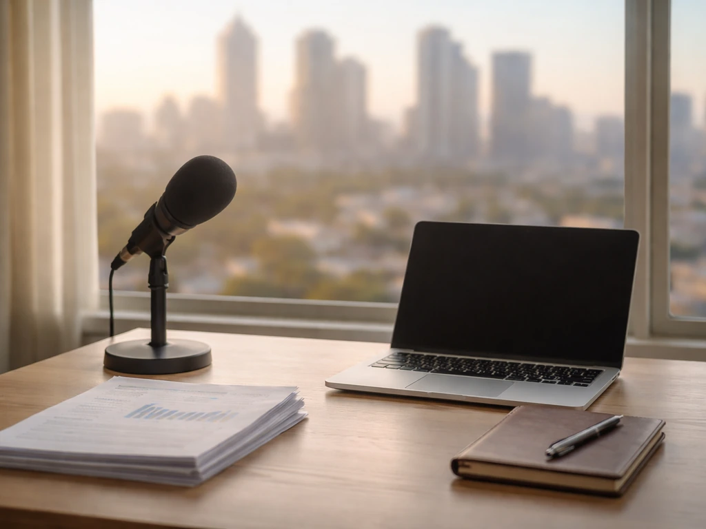 Minimal podcast studio desk scene with microphone, laptop, and financial documents in natural light.
