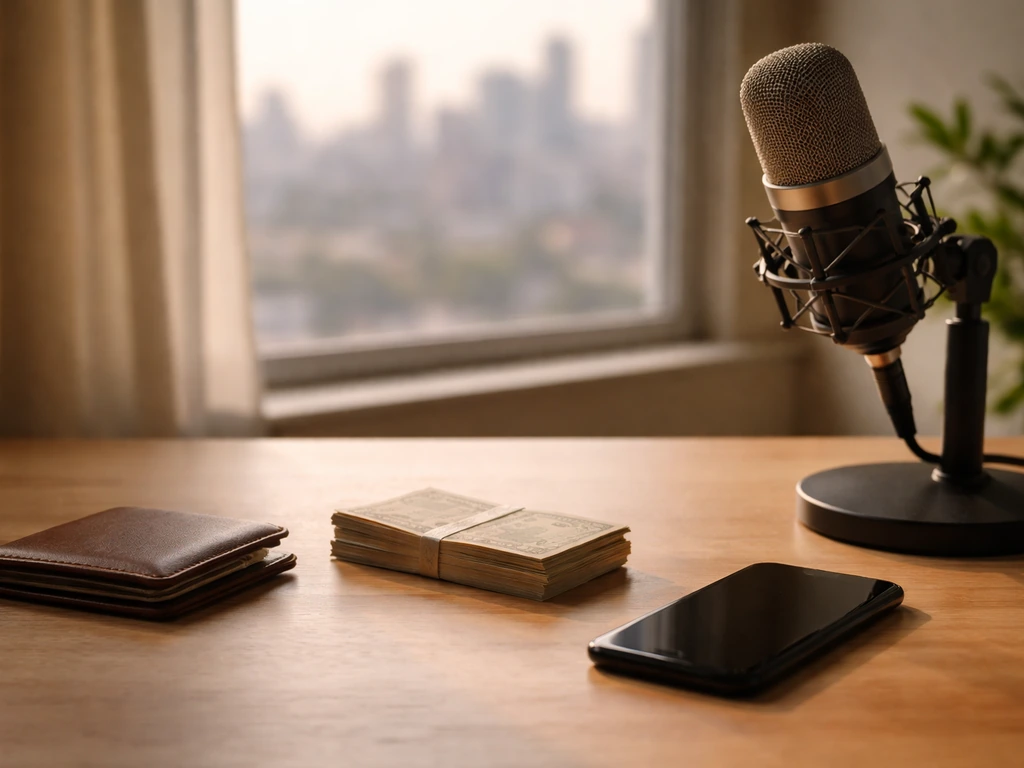 Minimal home office desk with wallet, cash, phone, and microphone symbolizing income and media factors.