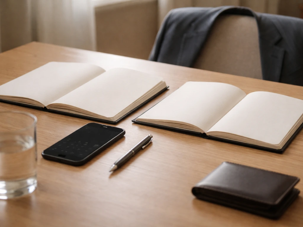 Minimal home-office desk with two blank notebooks, pen, and finance items symbolizing net-worth modeling differences.