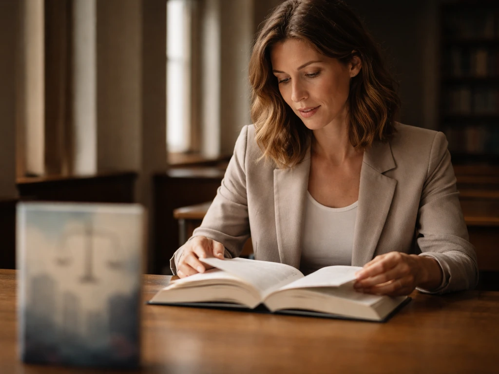 Author in a quiet library setting beside a blurred book cover thumbnail for identity confirmation