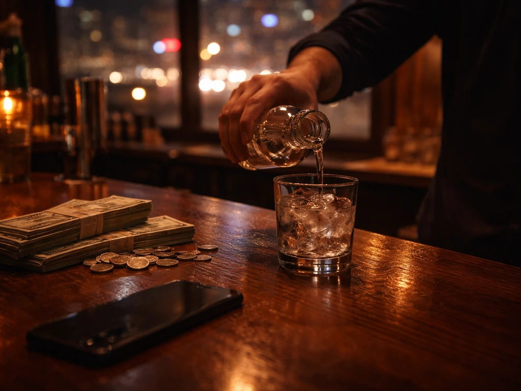 Anonymous bartender hand pouring a drink beside a smartphone in a softly lit city bar setting.