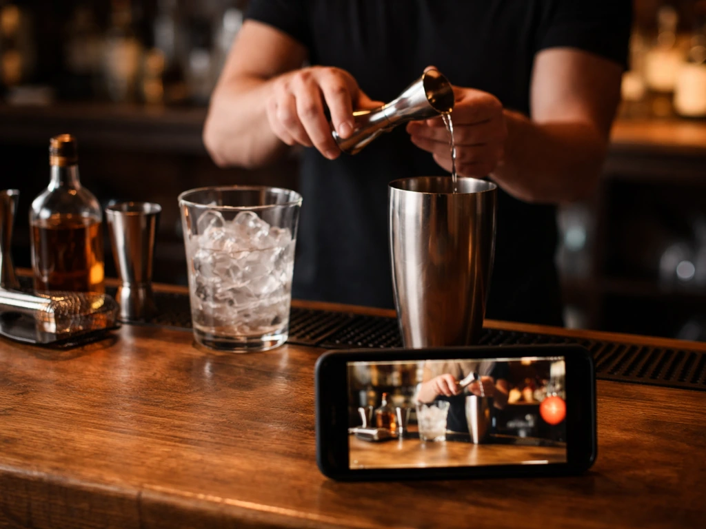 A close-up scene of a bartender working with a phone on the bar, suggesting a TikTok creator lifestyle.