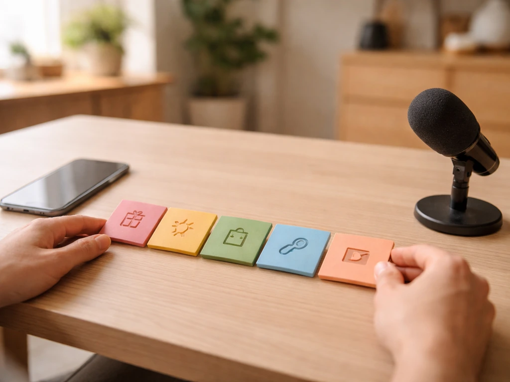 Hands arranging simple icon cards beside a smartphone and microphone on a minimal creator desk.
