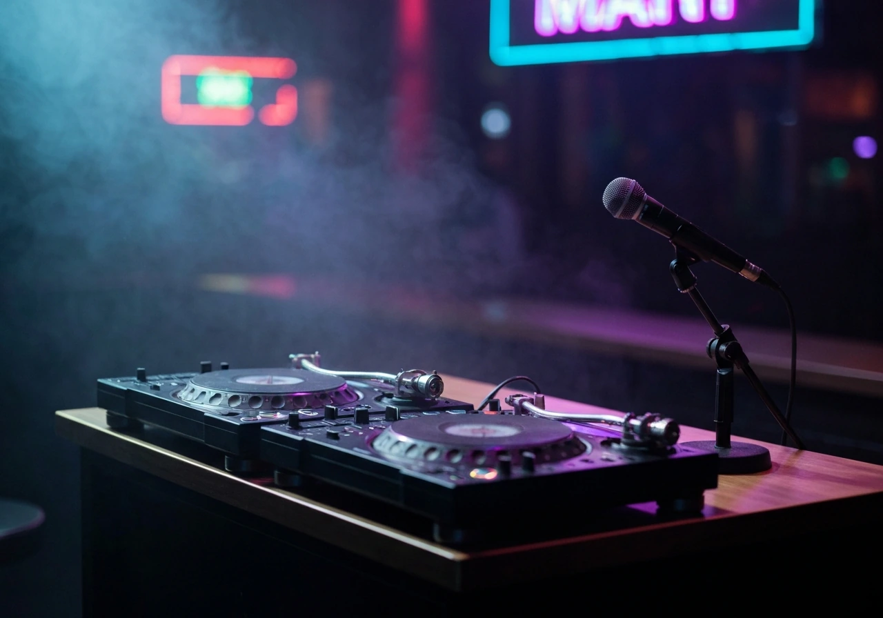 Miami nightlife scene with club lights, a DJ turntable, and a glowing microphone on a small studio desk.