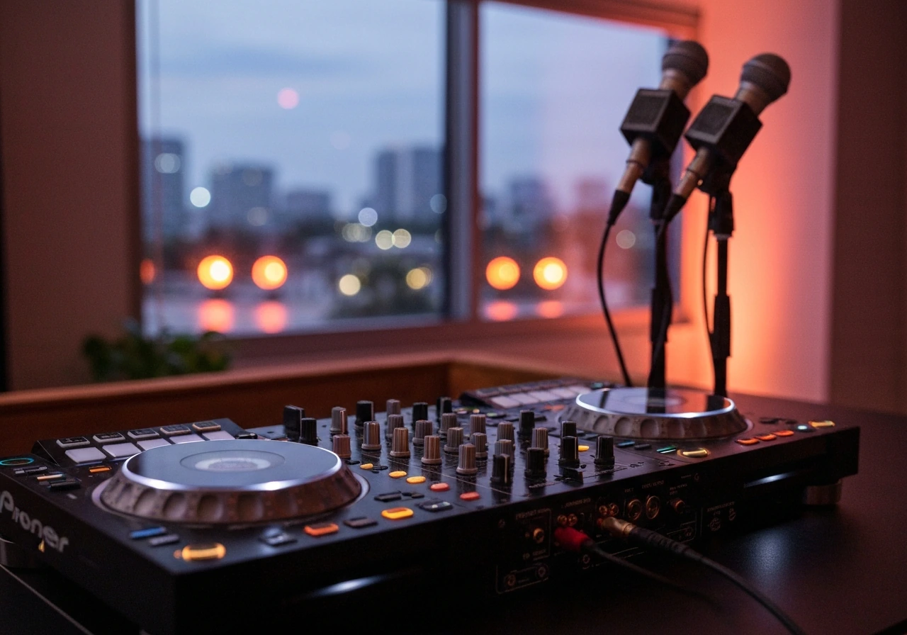 Miami nightlife studio scene symbolizing a reality-TV DJ career: microphones, lights, and a city skyline view.