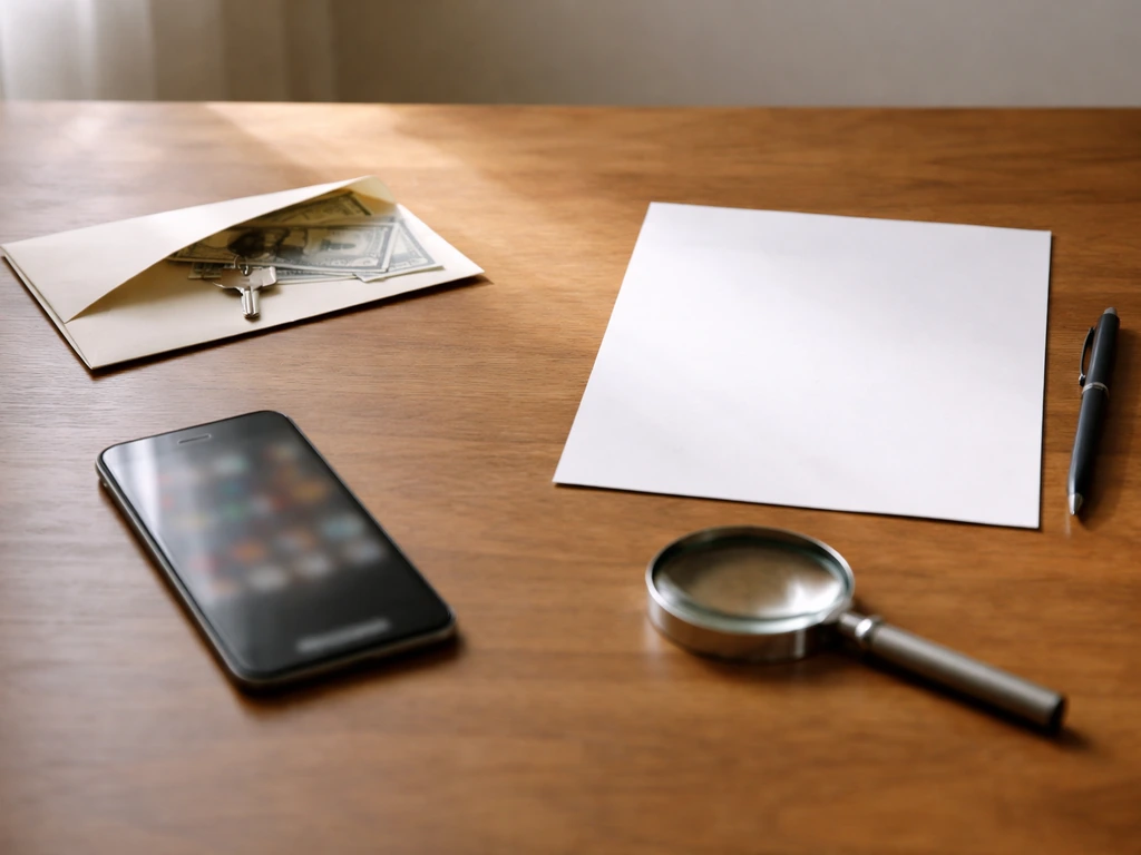 Minimal desk scene with a money envelope, a phone showing a blurred figure, and blank paper suggesting unknown methodolo